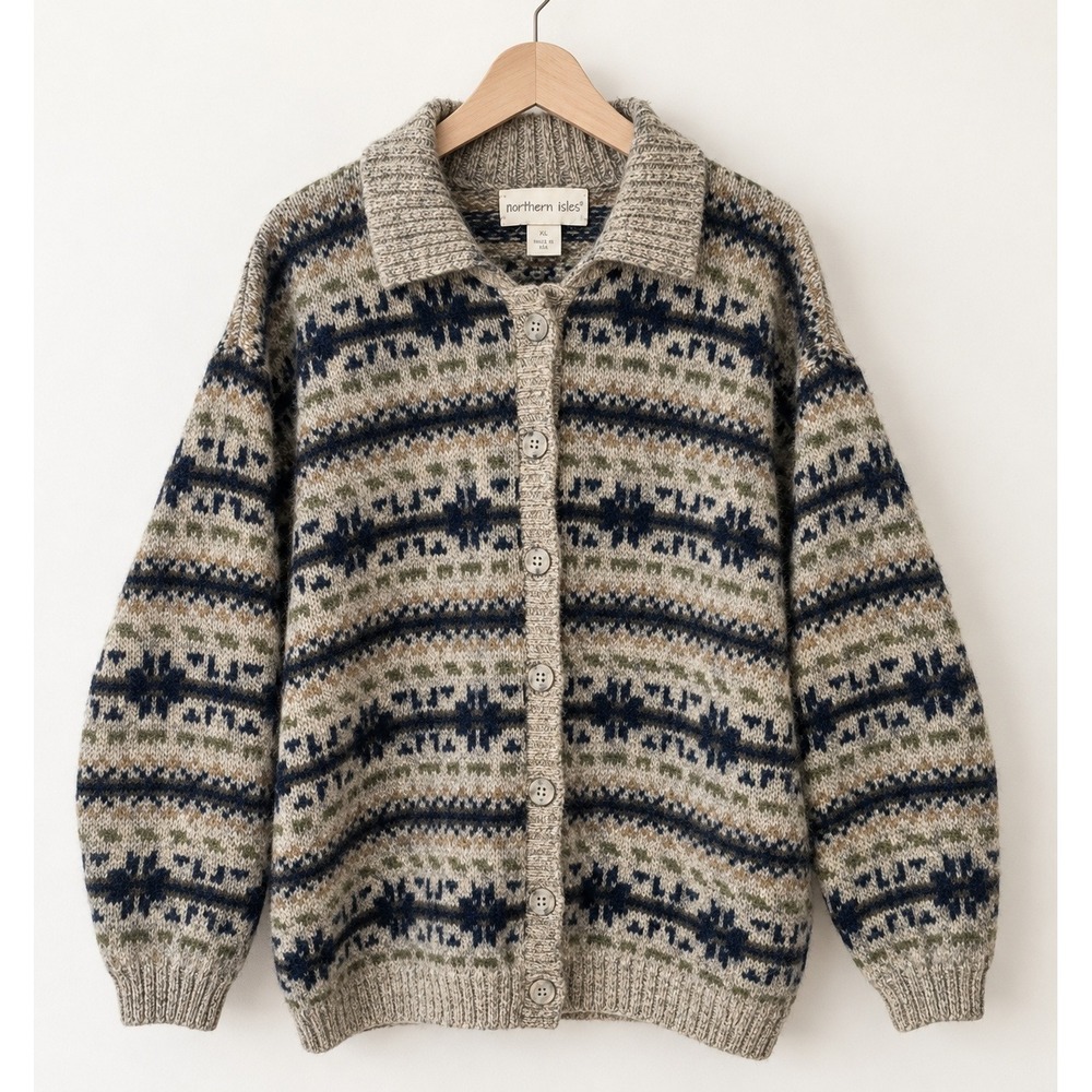 Northern Isles XL Wool Blend Nordic Fair Isle Cardigan Sweater USA Vtg Grandma